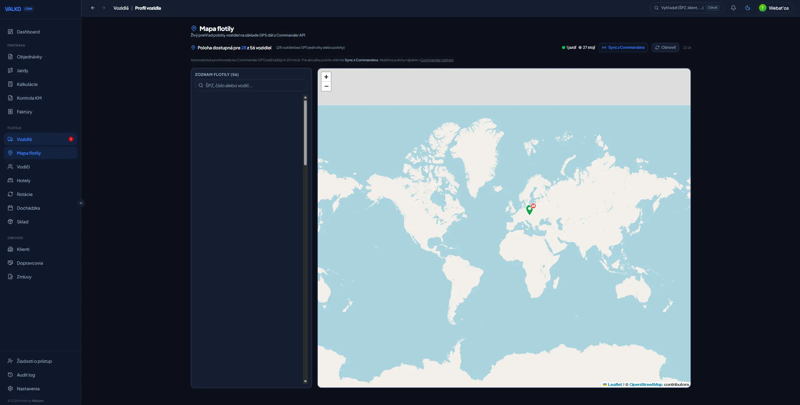 Screenshot: GPS telematická mapa trás (Commander API)